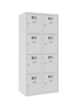 Ein lichtgrauer Fächerschrank mit zwei Abteilen und acht Fächern mit jeweils einer Tür. Alle Türen sind geschlossen. Der Schrank steht vor einem weißen Hintergrund.